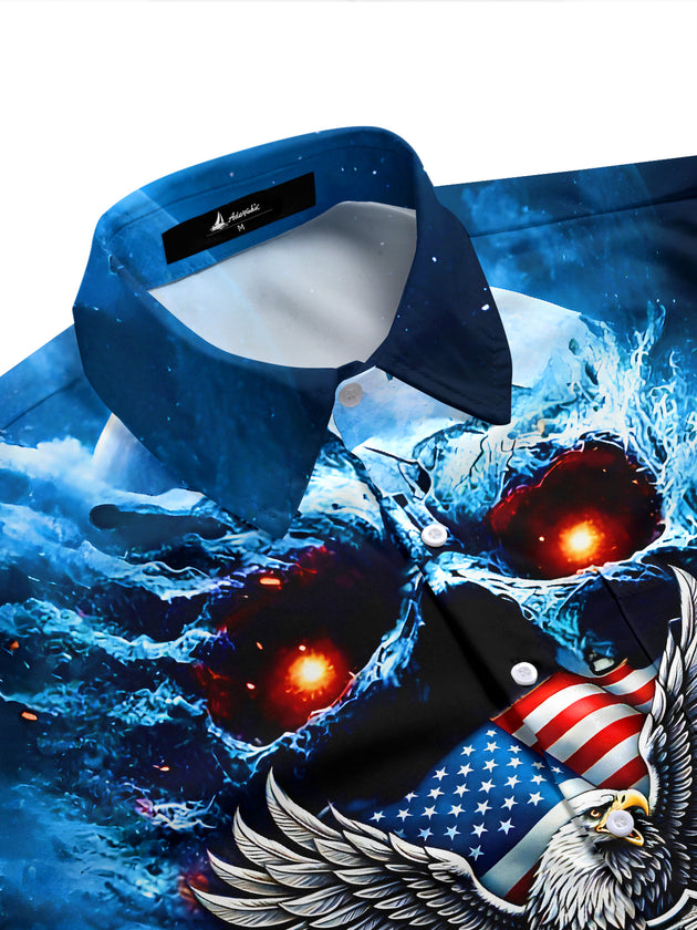 Men's dark skull print short sleeve pocket shirt side view