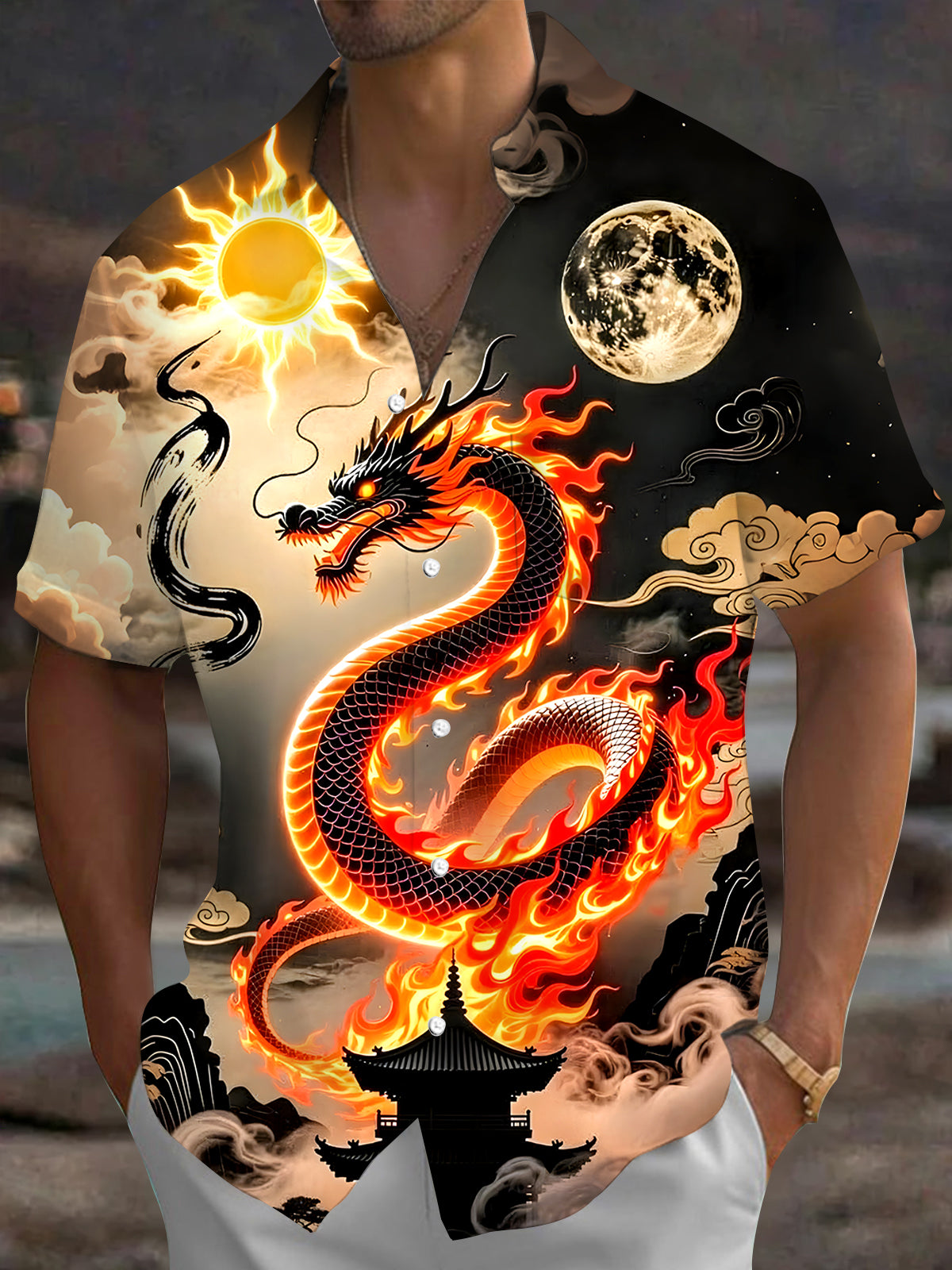 Men's dragon print short sleeve shirt front view