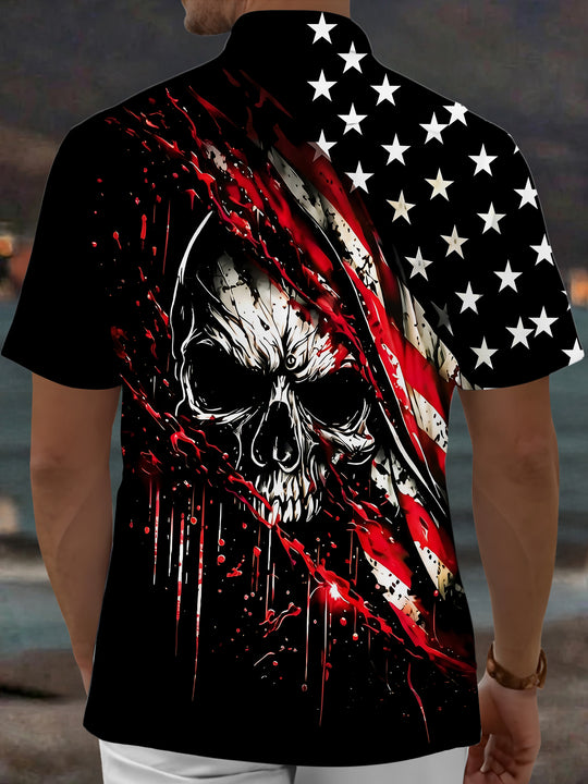 Adaychic® American Flag Skull Men's Pocket Short Sleeve Shirts