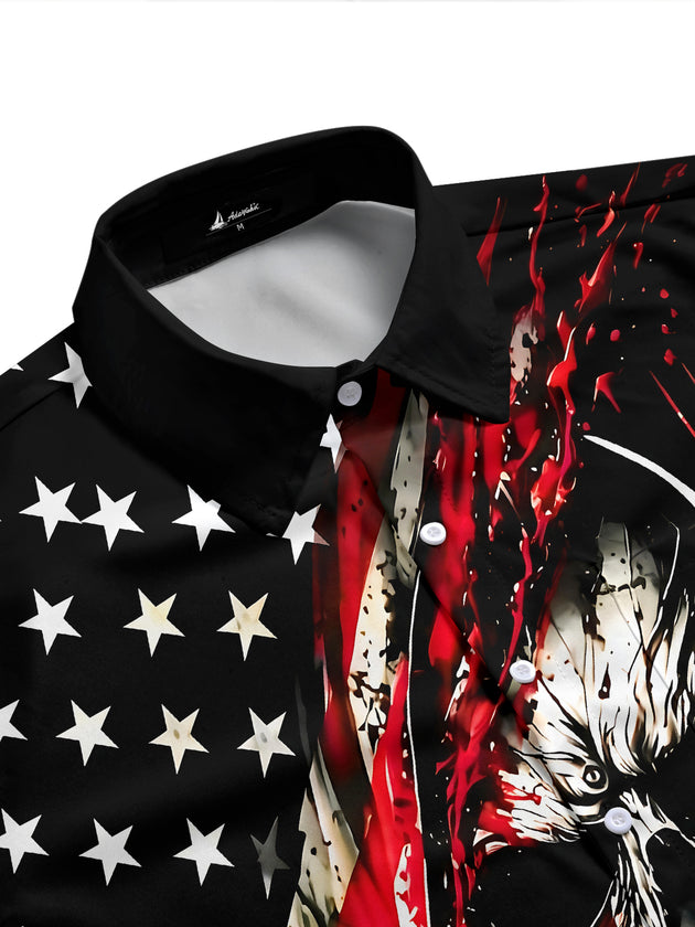 Adaychic® American Flag Skull Men's Pocket Short Sleeve Shirts