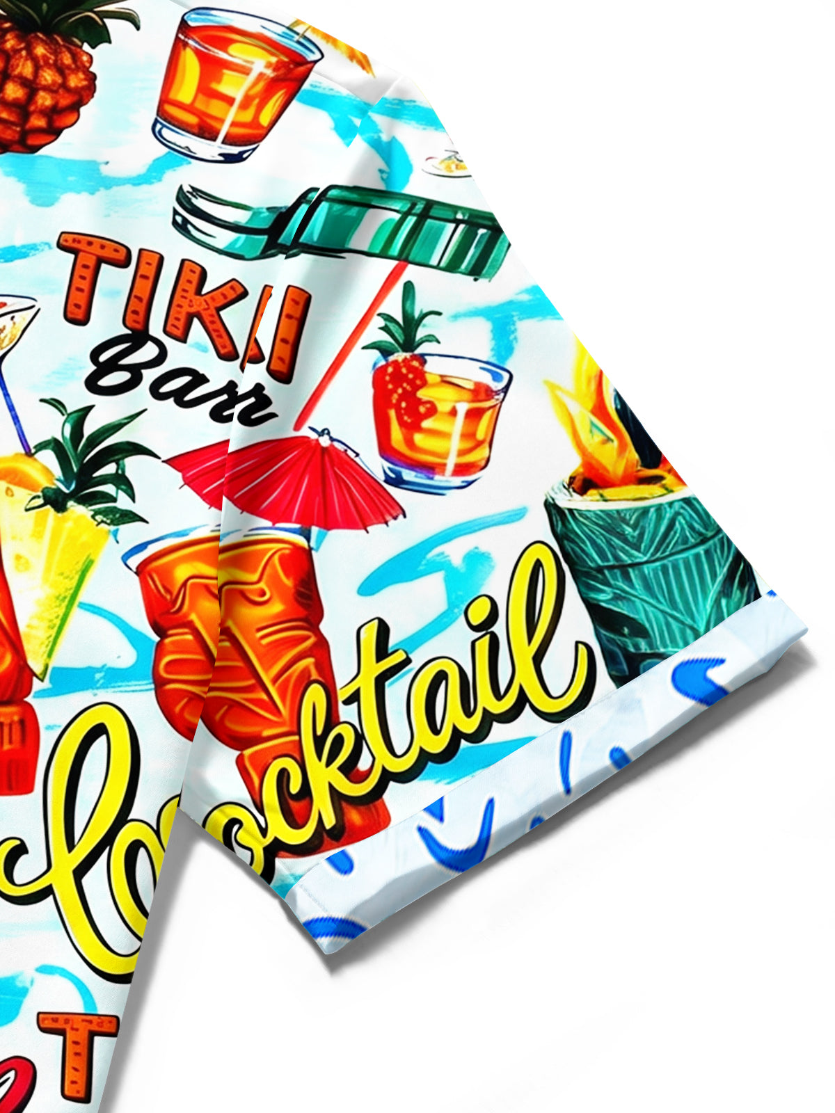 Men's colorful floral Hawaiian short sleeve shirt close-up fabric texture detail
