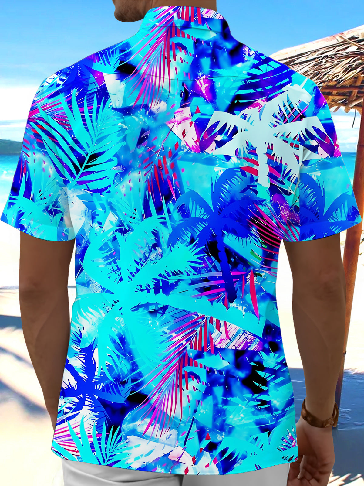 Men's Hawaiian leaf abstract print short sleeve shirt back view