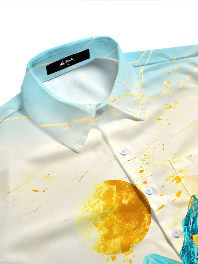 Men's side view art sun moon golden mountains print short sleeve shirt