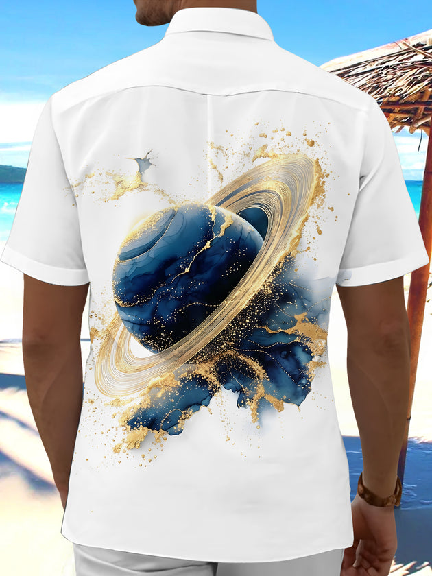men's blue artistic design shirt back view