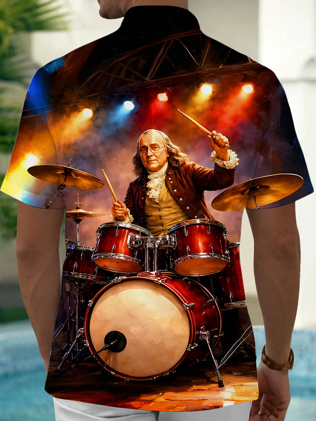 Fun USA Benjamin Franklin One Of Founding Fathers Playing Drum Set Men's Pocket Short Sleeve Shirts