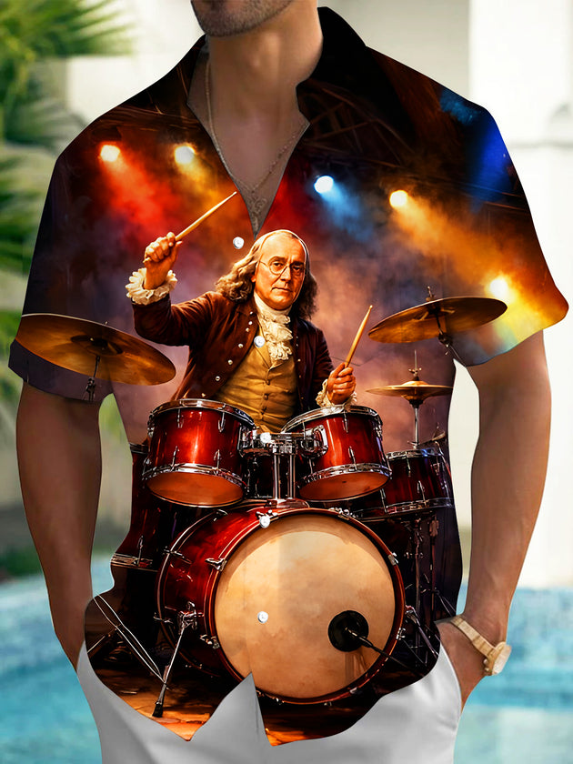 Fun USA Benjamin Franklin One Of Founding Fathers Playing Drum Set Men's Pocket Short Sleeve Shirts
