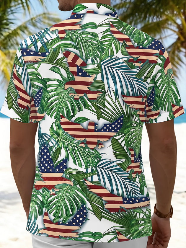 American Flag Leaf Print Men's Pocket Short Sleeve Shirts