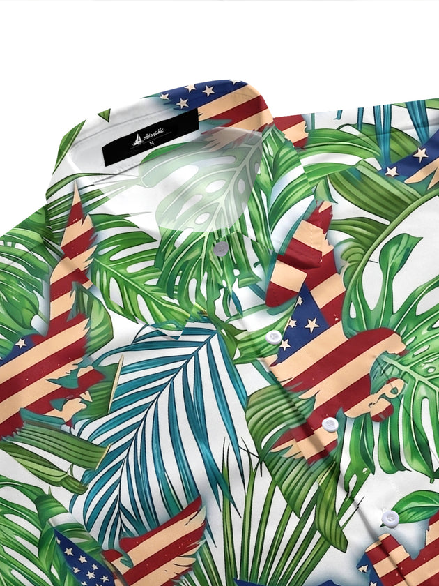 American Flag Leaf Print Men's Pocket Short Sleeve Shirts