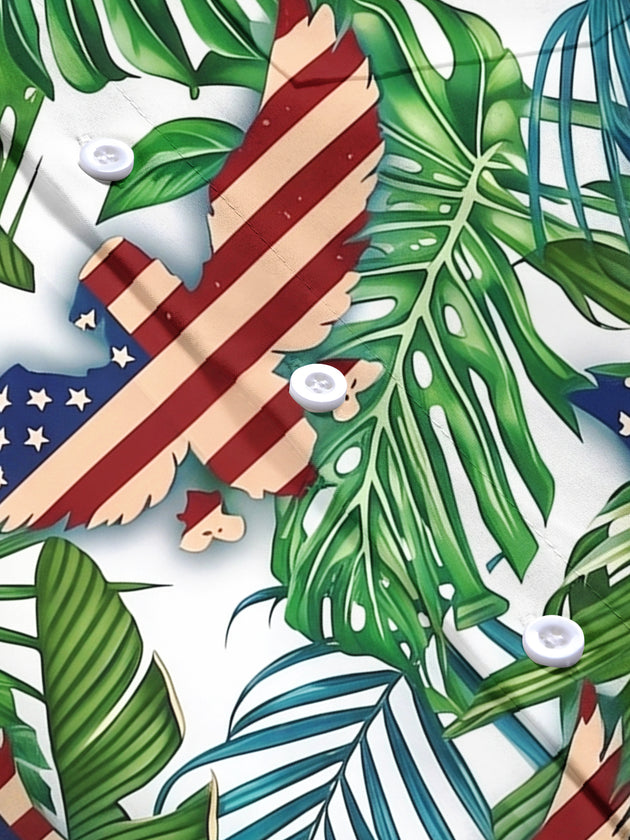 American Flag Leaf Print Men's Pocket Short Sleeve Shirts
