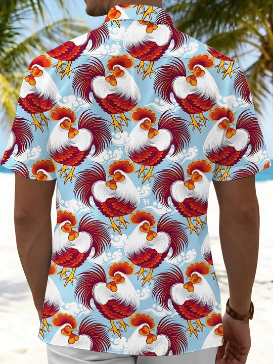 Rooster Print Men's Pocket Short Sleeve Shirts