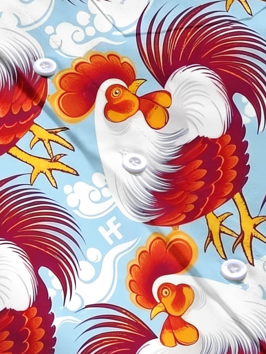 Rooster Print Men's Pocket Short Sleeve Shirts