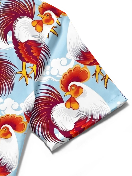 Rooster Print Men's Pocket Short Sleeve Shirts