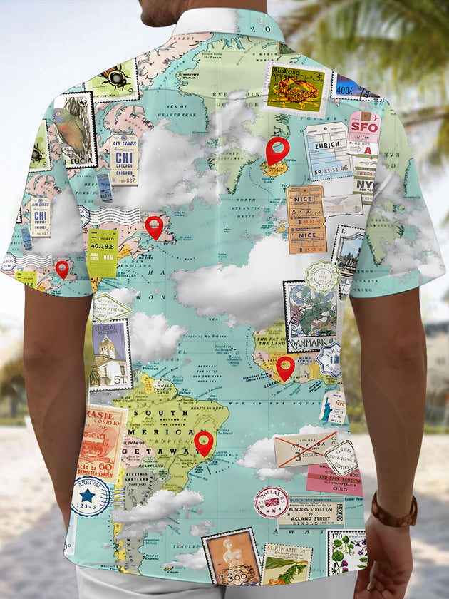 World Map Stamp Print Men's Pocket Short Sleeve Shirts