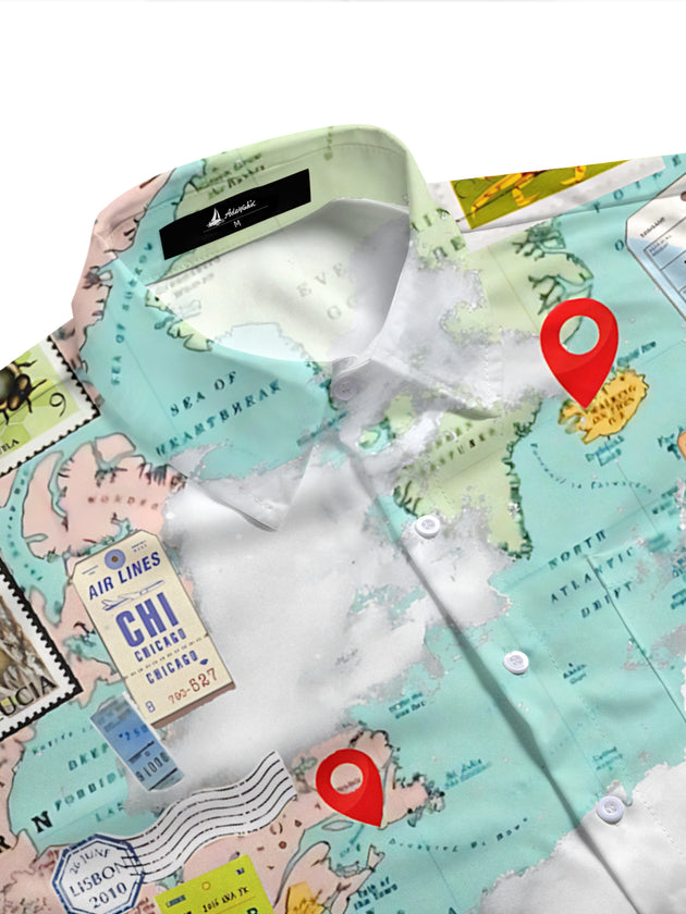 World Map Stamp Print Men's Pocket Short Sleeve Shirts
