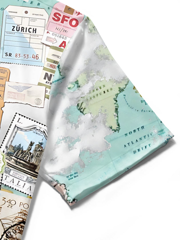 World Map Stamp Print Men's Pocket Short Sleeve Shirts
