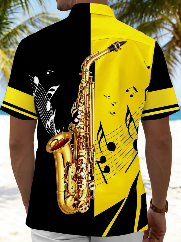 Saxophone Note Print Men's Pocket Short Sleeve Shirts