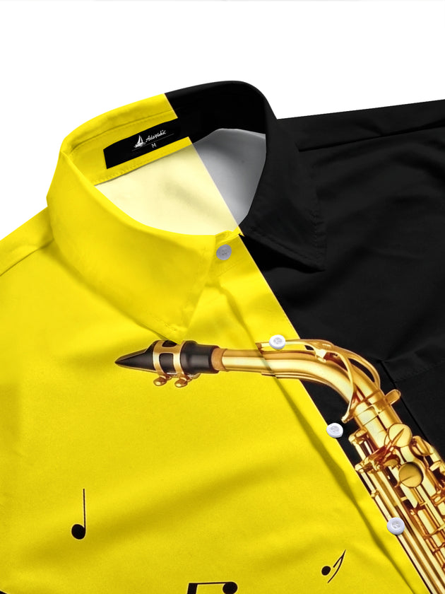 Saxophone Note Print Men's Pocket Short Sleeve Shirts