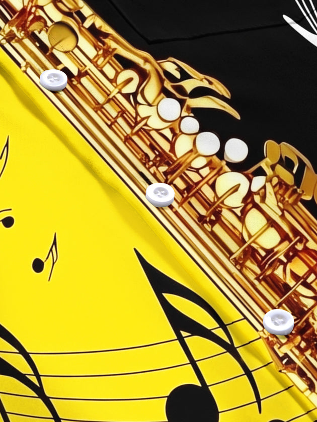 Saxophone Note Print Men's Pocket Short Sleeve Shirts