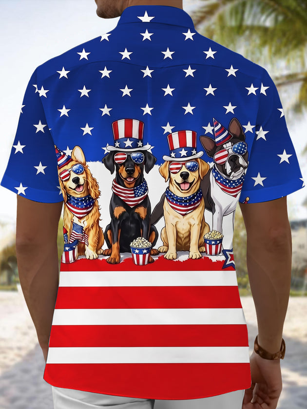 Independence Day American Flag Dog Print Men's Pocket Short Sleeve Shirts