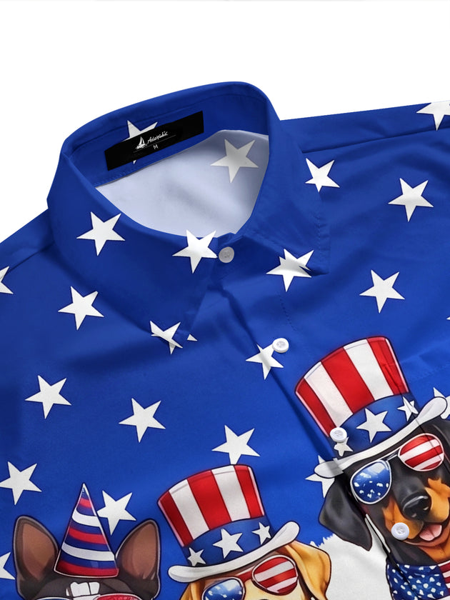Independence Day American Flag Dog Print Men's Pocket Short Sleeve Shirts