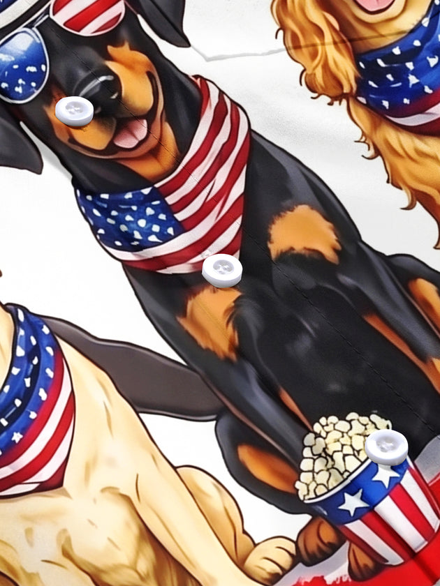 Independence Day American Flag Dog Print Men's Pocket Short Sleeve Shirts
