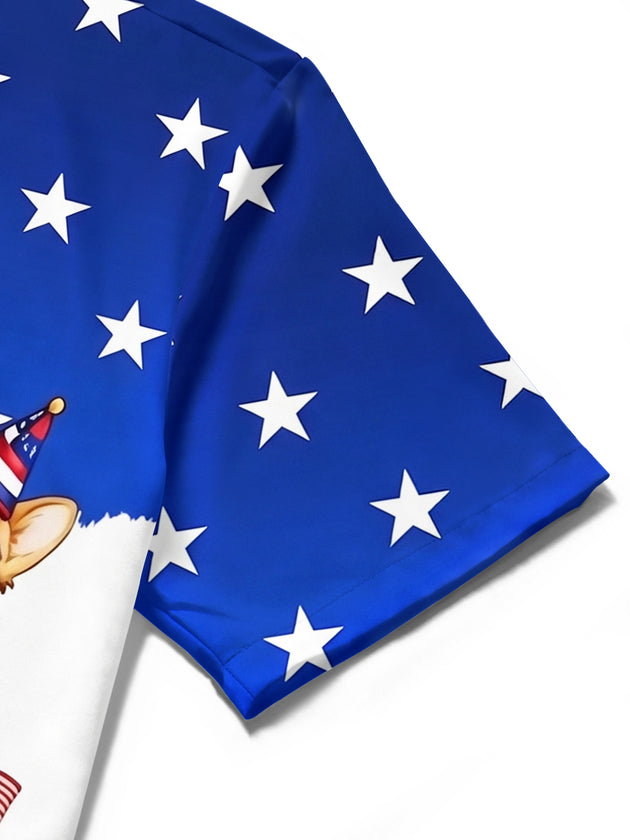 Independence Day American Flag Dog Print Men's Pocket Short Sleeve Shirts