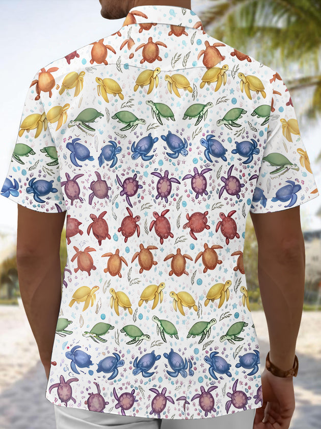 Pride Month Turtle Hawaiian Print Men's Pocket Short Sleeve Shirts