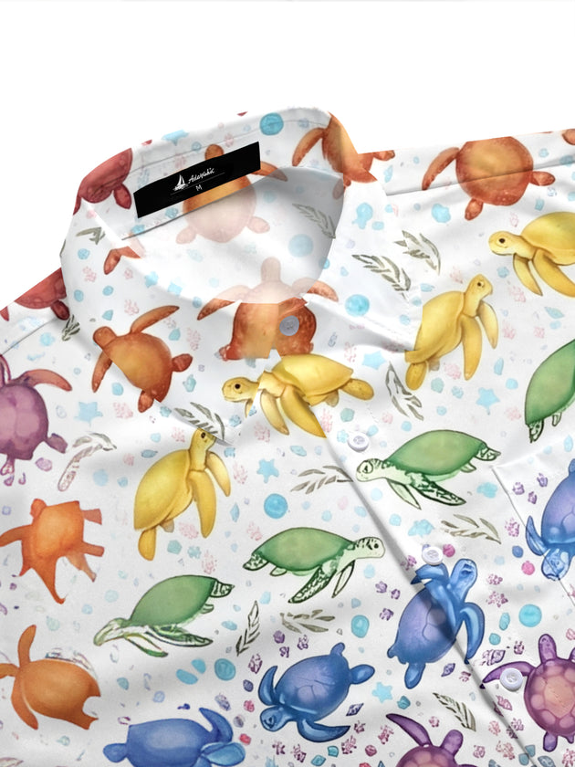 Pride Month Turtle Hawaiian Print Men's Pocket Short Sleeve Shirts