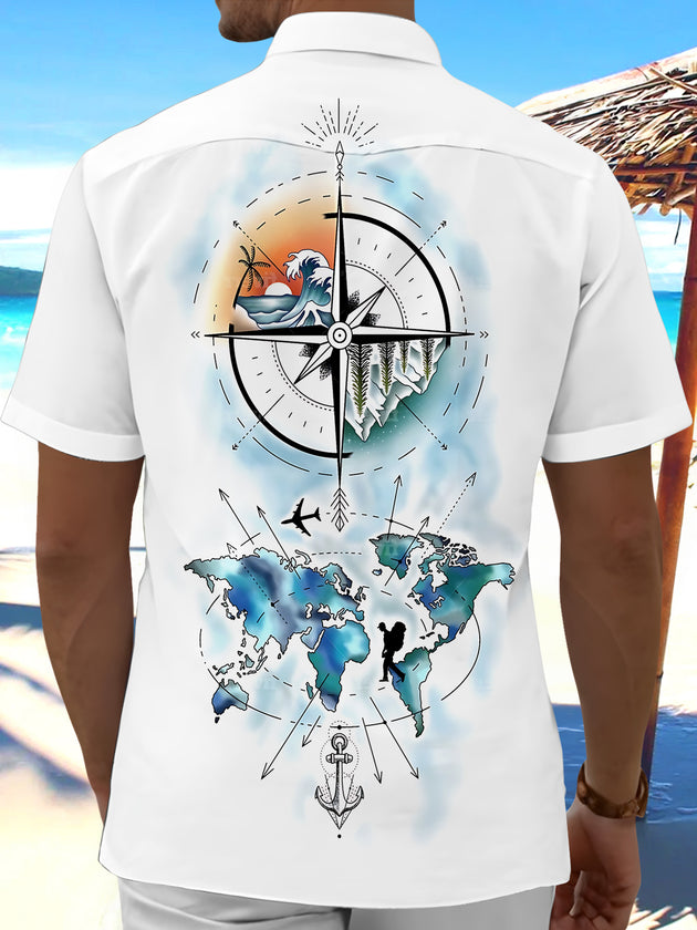Compass Map Print Men's Pocket Short Sleeve Shirts