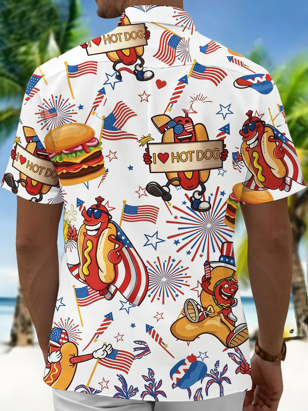 Fun American Flag Hot Dog And Burger Independence Day Men's Pocket Short Sleeve Shirts