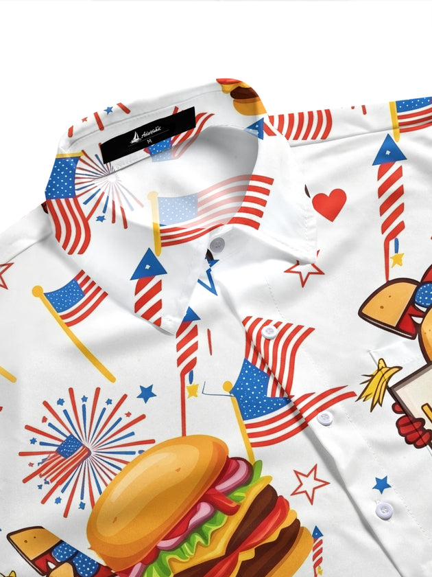 Fun American Flag Hot Dog And Burger Independence Day Men's Pocket Short Sleeve Shirts