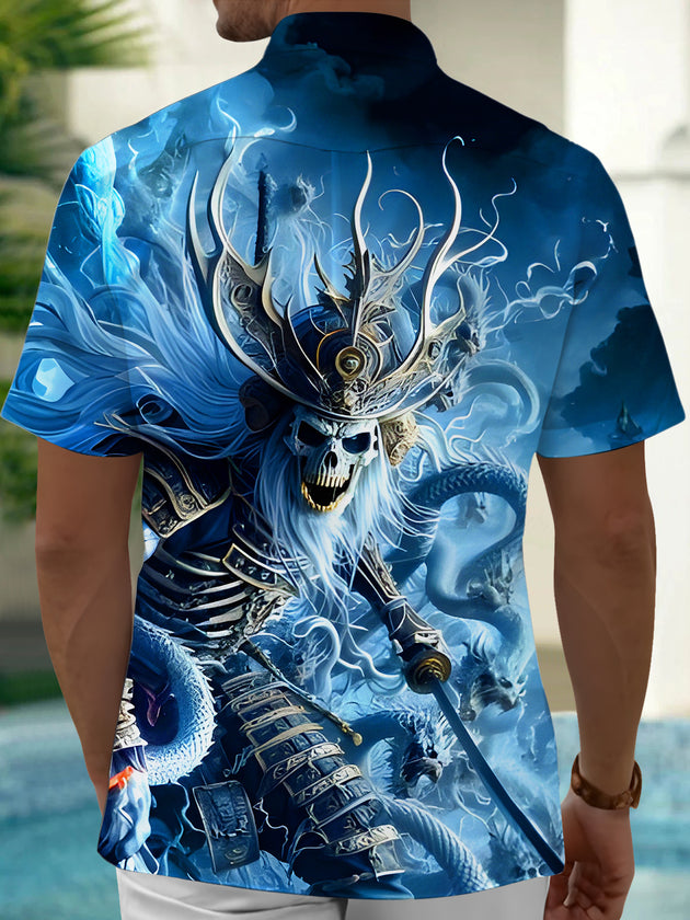 Dark Blue Skeleton Skull Samurai And Dragon Men's Pocket Short Sleeve Shirts