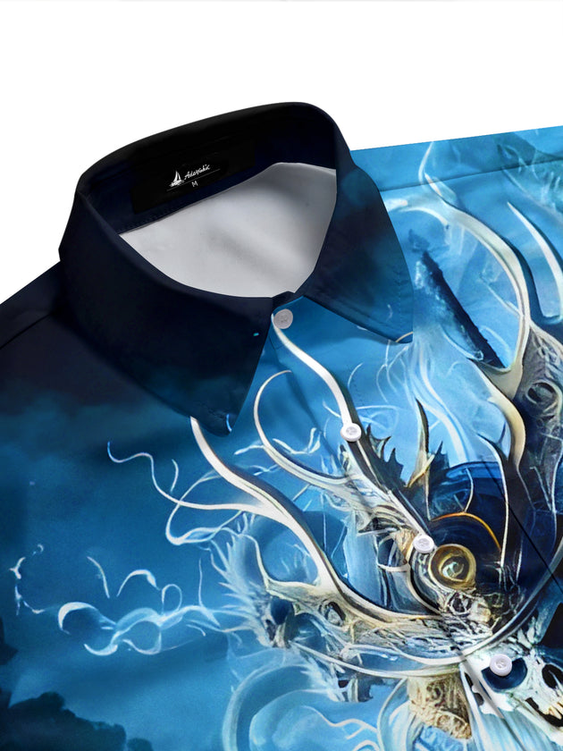 Dark Blue Skeleton Skull Samurai And Dragon Men's Pocket Short Sleeve Shirts