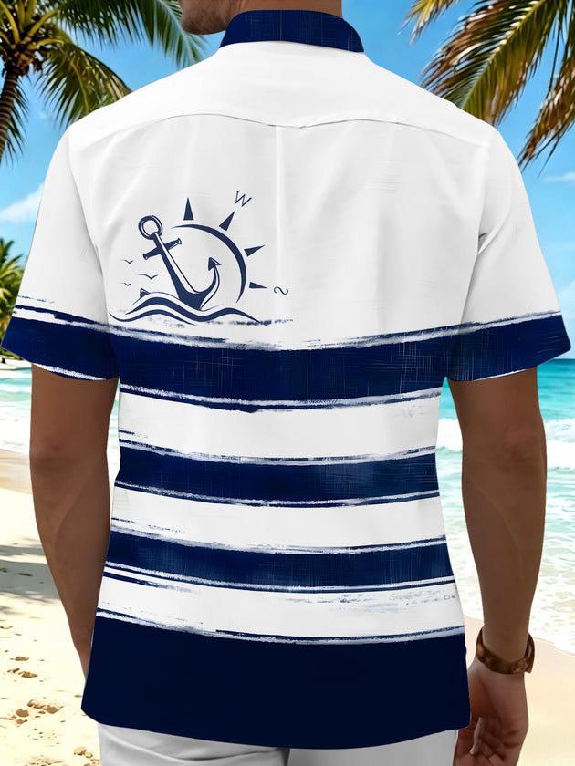 Nautical Anchor Pattern Striped Men's Pocket Short Sleeve Shirts
