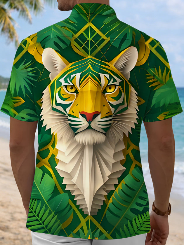 Hawaiian Leaves Tropical Origami Tiger Men's Pocket Short Sleeve Shirts