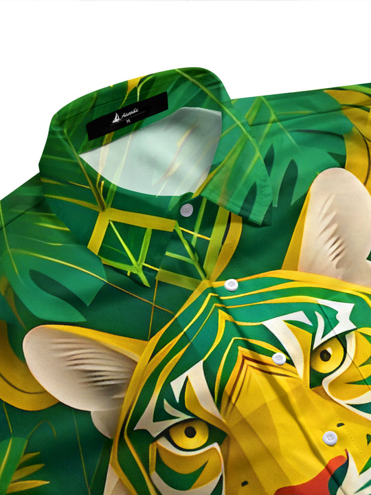 Hawaiian Leaves Tropical Origami Tiger Men's Pocket Short Sleeve Shirts