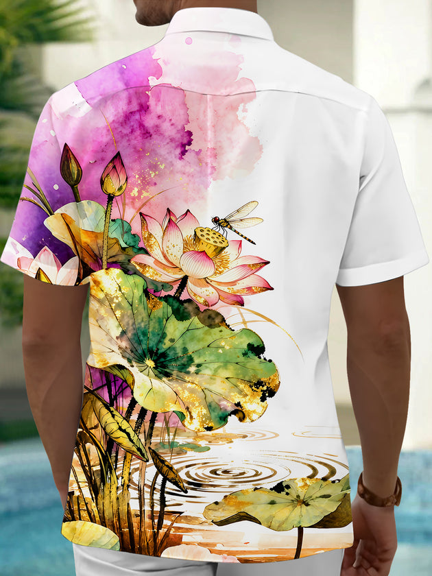 Art Watercolor Gold Foil Lotus Dragonfly Men's Pocket Short Sleeve Shirts