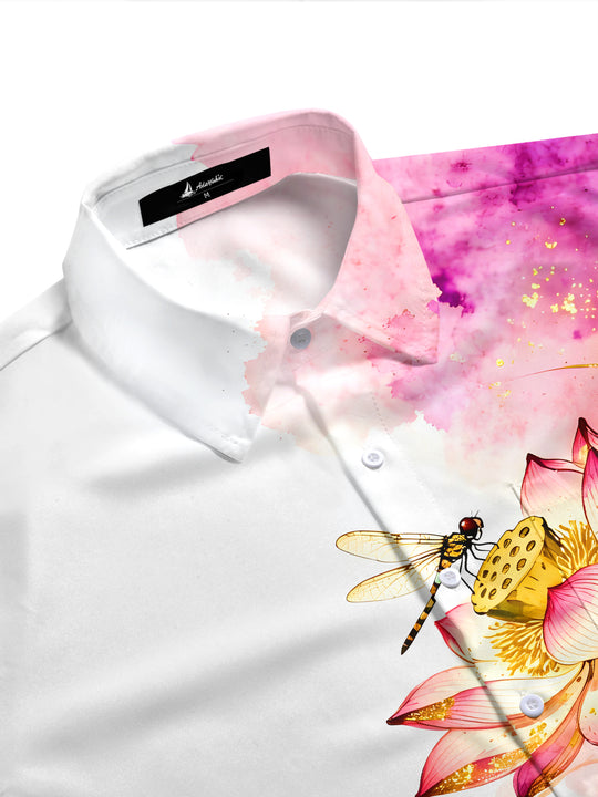 Art Watercolor Gold Foil Lotus Dragonfly Men's Pocket Short Sleeve Shirts