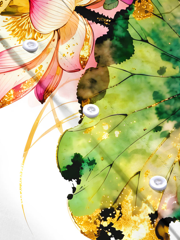 Art Watercolor Gold Foil Lotus Dragonfly Men's Pocket Short Sleeve Shirts