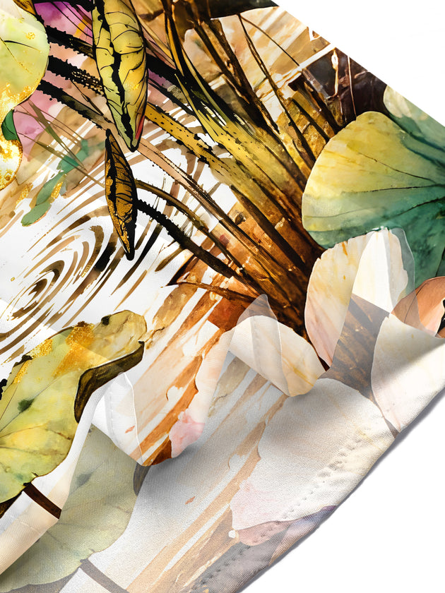 Art Watercolor Gold Foil Lotus Dragonfly Men's Pocket Short Sleeve Shirts