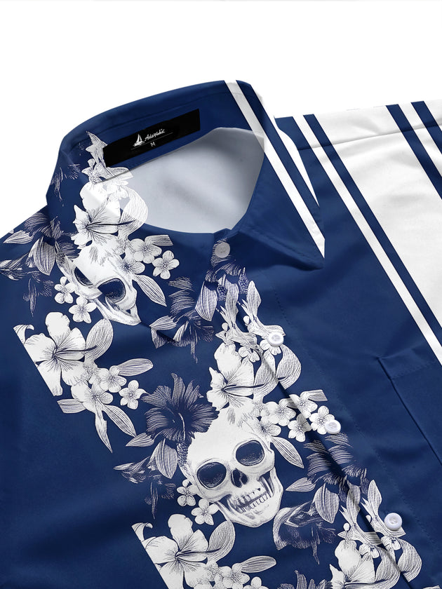 Skull Floral & Navy Stripe Patchwork Men's Pocket Short Sleeve Shirts
