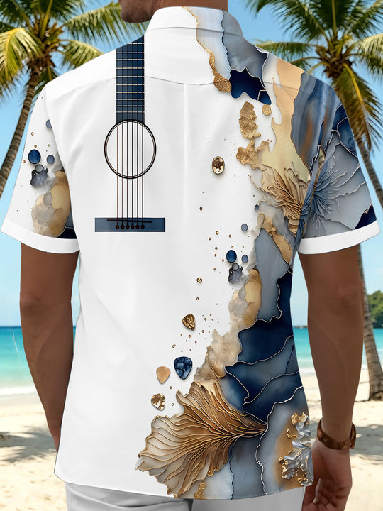 Art Gilded Abstract Marble Texture Guitar Men's Pocket Short Sleeve Shirts