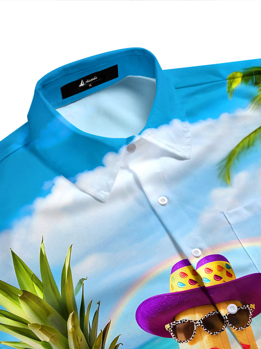 Fun Hawaiian Beach Party Anthropomorphic Fruit Men's Pocket Short Sleeve Shirts