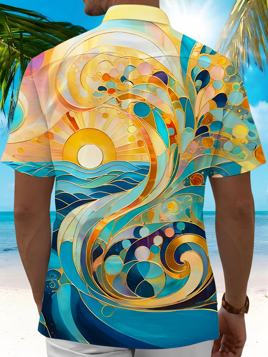 Art Nouveau Sun And Waves Men's Pocket Short Sleeve Shirts