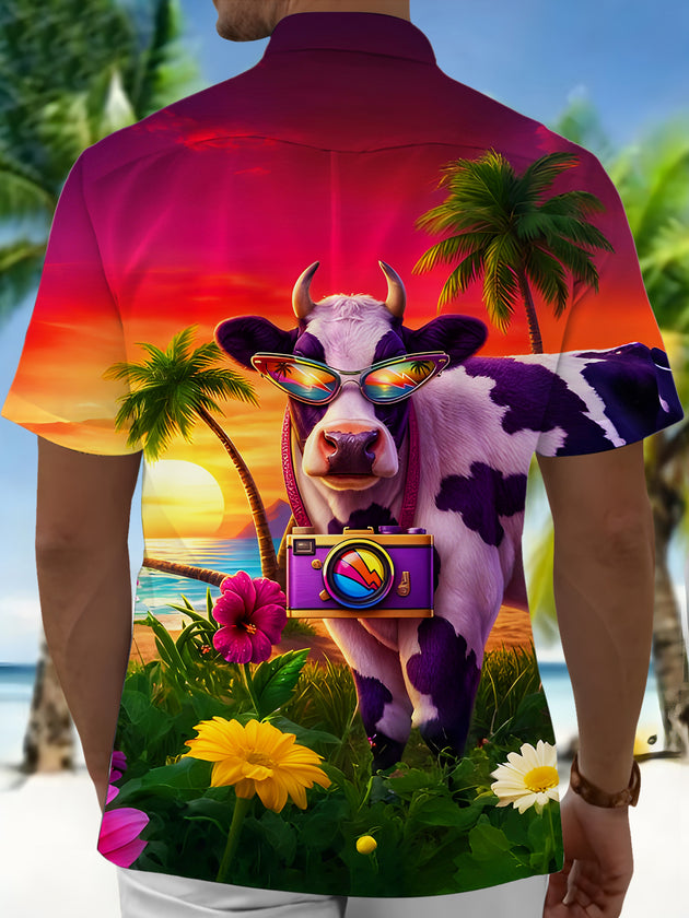 Fun Hawaiian Tropical Sunset Selfie Cow Men's Pocket Short Sleeve Shirts