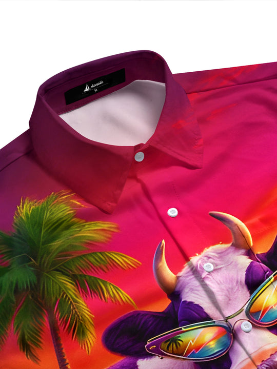 Fun Hawaiian Tropical Sunset Selfie Cow Men's Pocket Short Sleeve Shirts