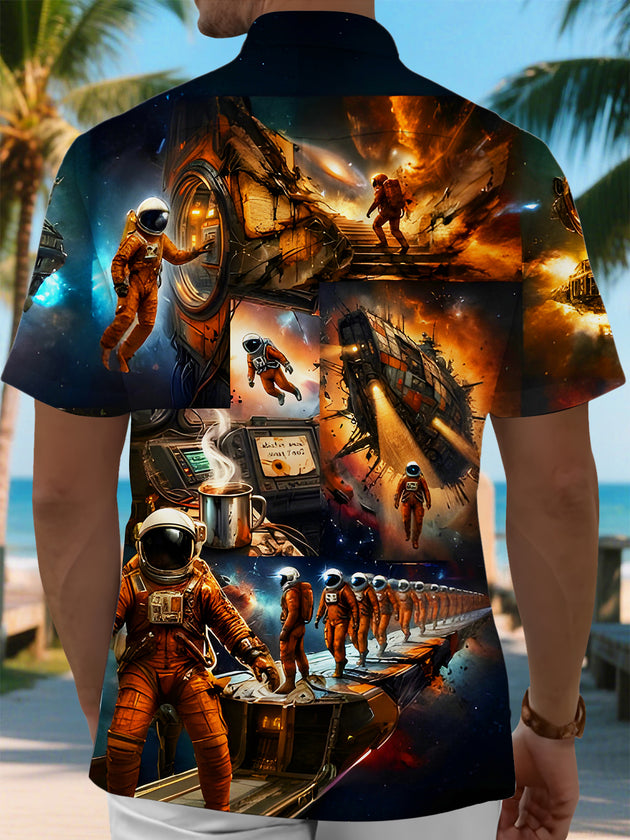 Dark Retro Sci-Fi Astronaut Men's Pocket Short Sleeve Shirts
