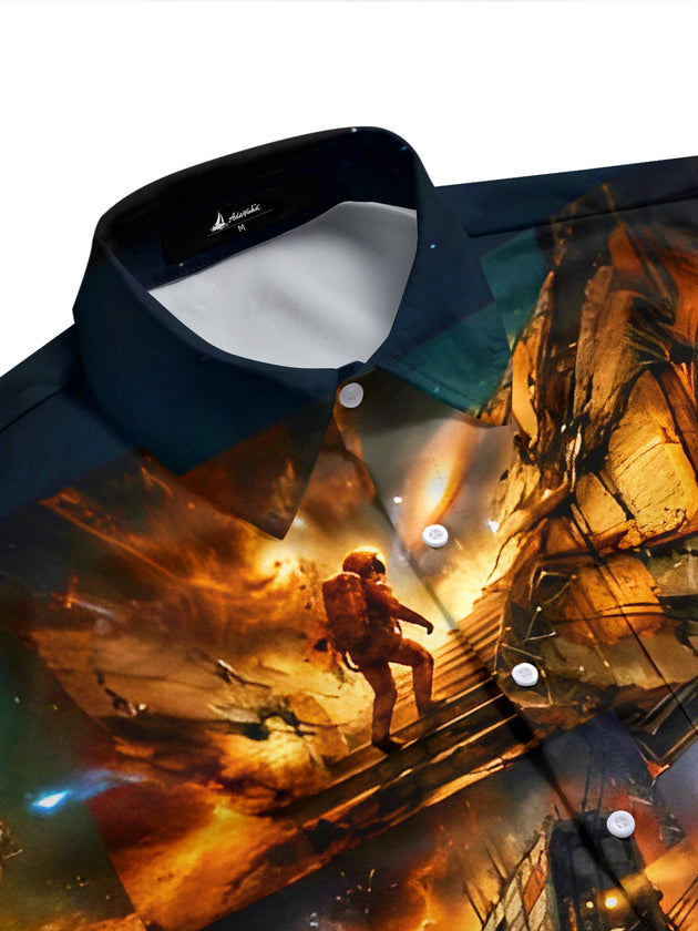 Dark Retro Sci-Fi Astronaut Men's Pocket Short Sleeve Shirts