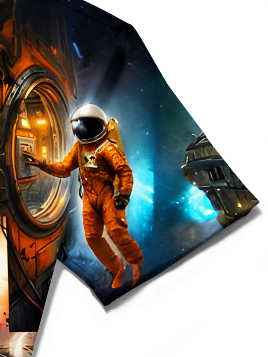 Dark Retro Sci-Fi Astronaut Men's Pocket Short Sleeve Shirts