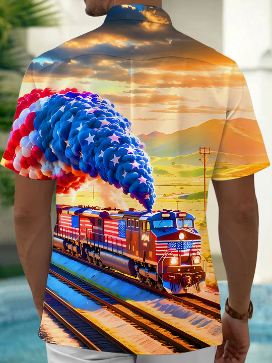 American Flag Retro Train Independence Day Men's Pocket Short Sleeve Shirts